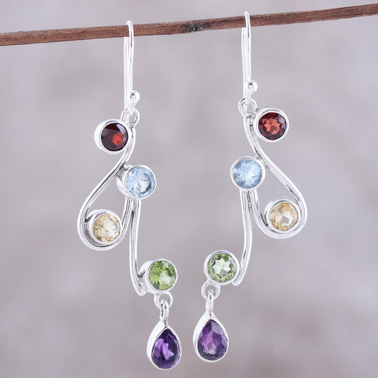 Dancing Rainbow Multi-Gemstone and Scrolling Sterling Silver Dangle Earrings