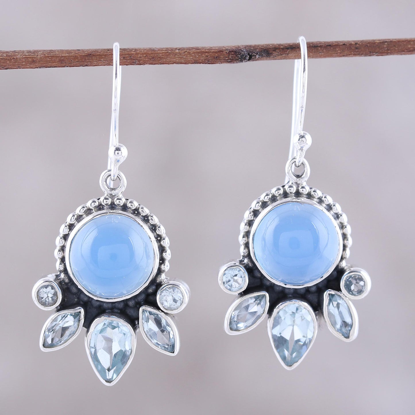 Sky Shimmer Chalcedony and Blue Topaz Sterling Silver Dangle Earrings