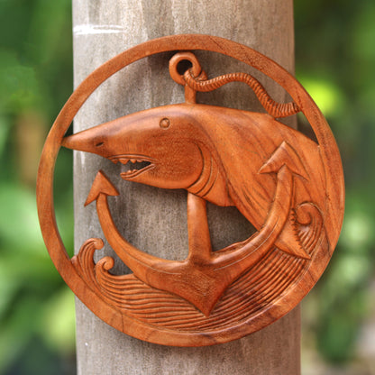 Anchor Shark Nautical Shark-Themed Wood Relief Panel from Bali