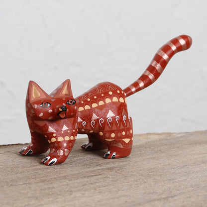 Walking Cat Wood Alebrije Cat Figurine in Red from Mexico