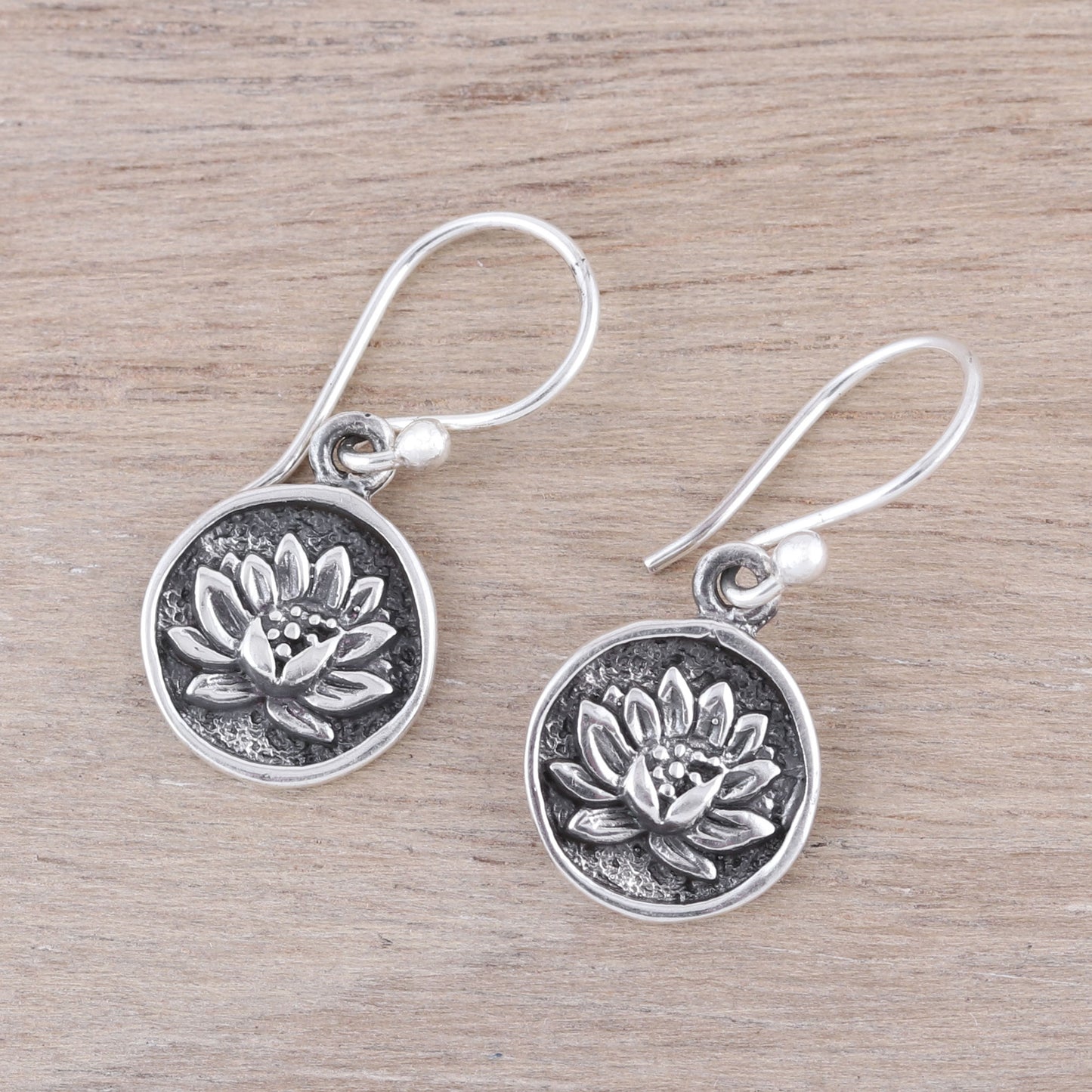 Lotus Bliss Lotus Motif Sterling Silver Dangle Earrings from India