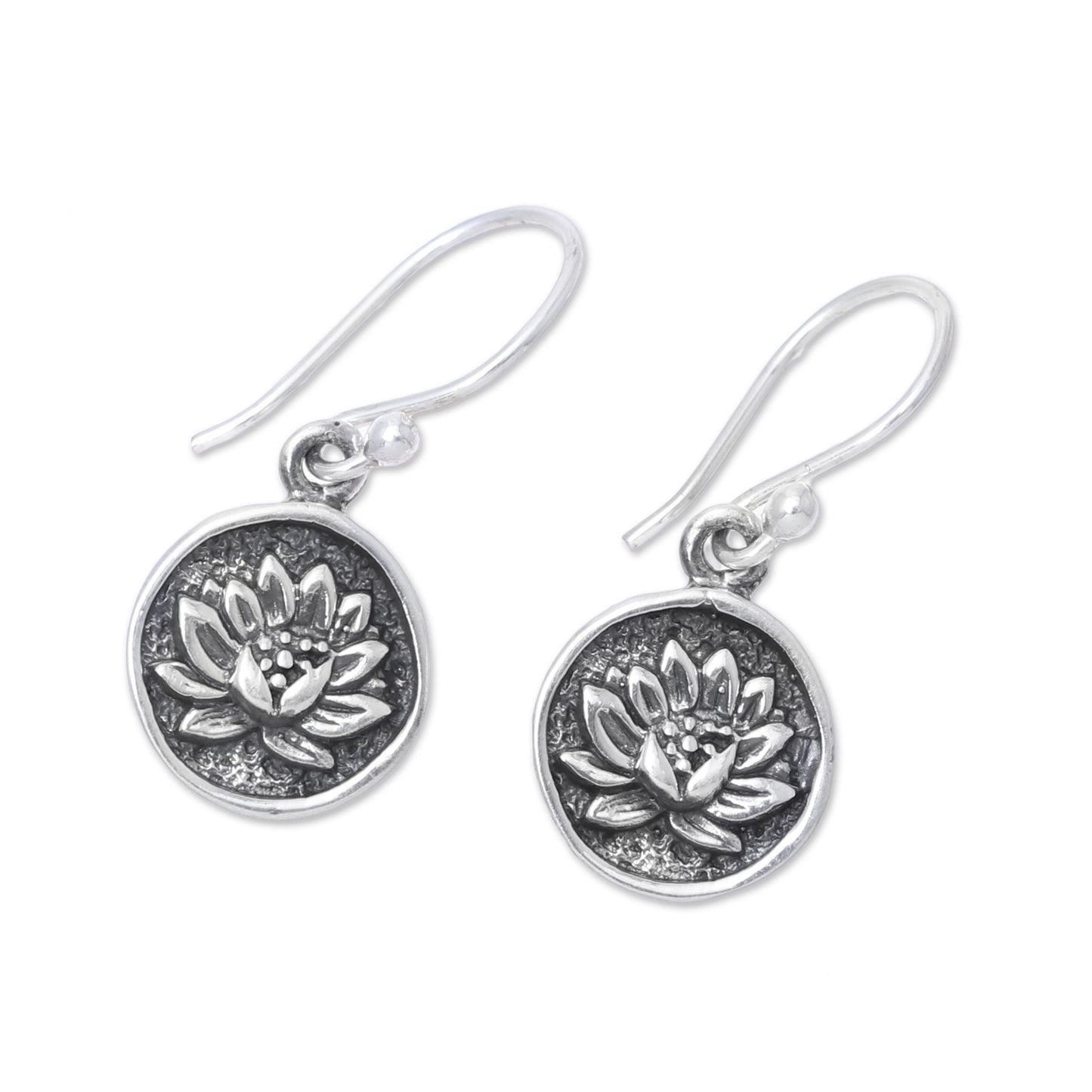 Lotus Bliss Lotus Motif Sterling Silver Dangle Earrings from India