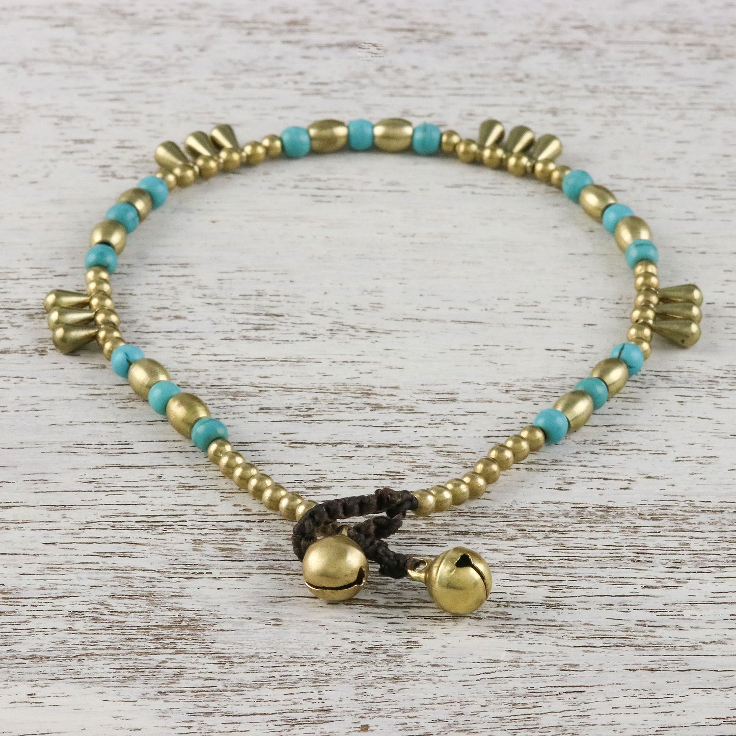 Musical Wanderer Calcite and Brass Beaded Anklet from Thailand