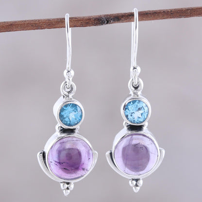 Lively Harmony Amethyst and Blue Topaz Dangle Earrings from India