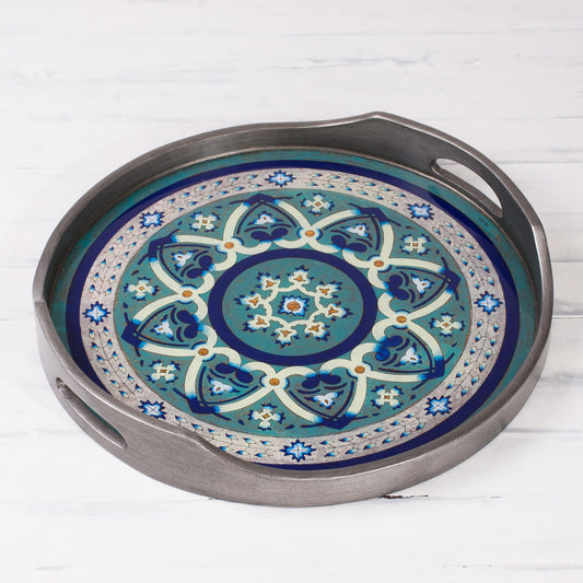 Floral Intricacy in Steel Steel-Tone Reverse-Painted Glass Tray from Peru