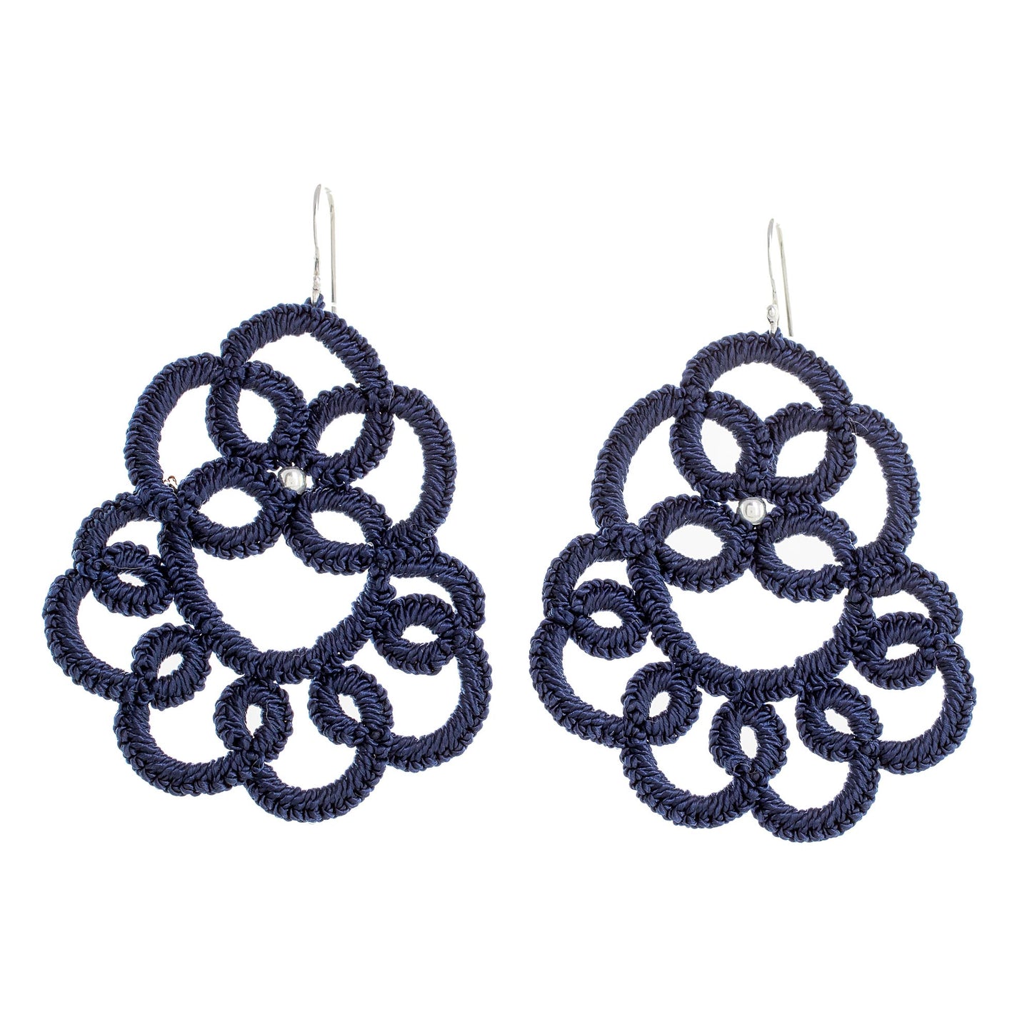 Elegant Swirls in Indigo Hand-Tatted Dangle Earrings in Indigo from Guatemala