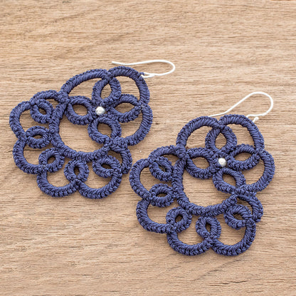 Elegant Swirls in Indigo Hand-Tatted Dangle Earrings in Indigo from Guatemala