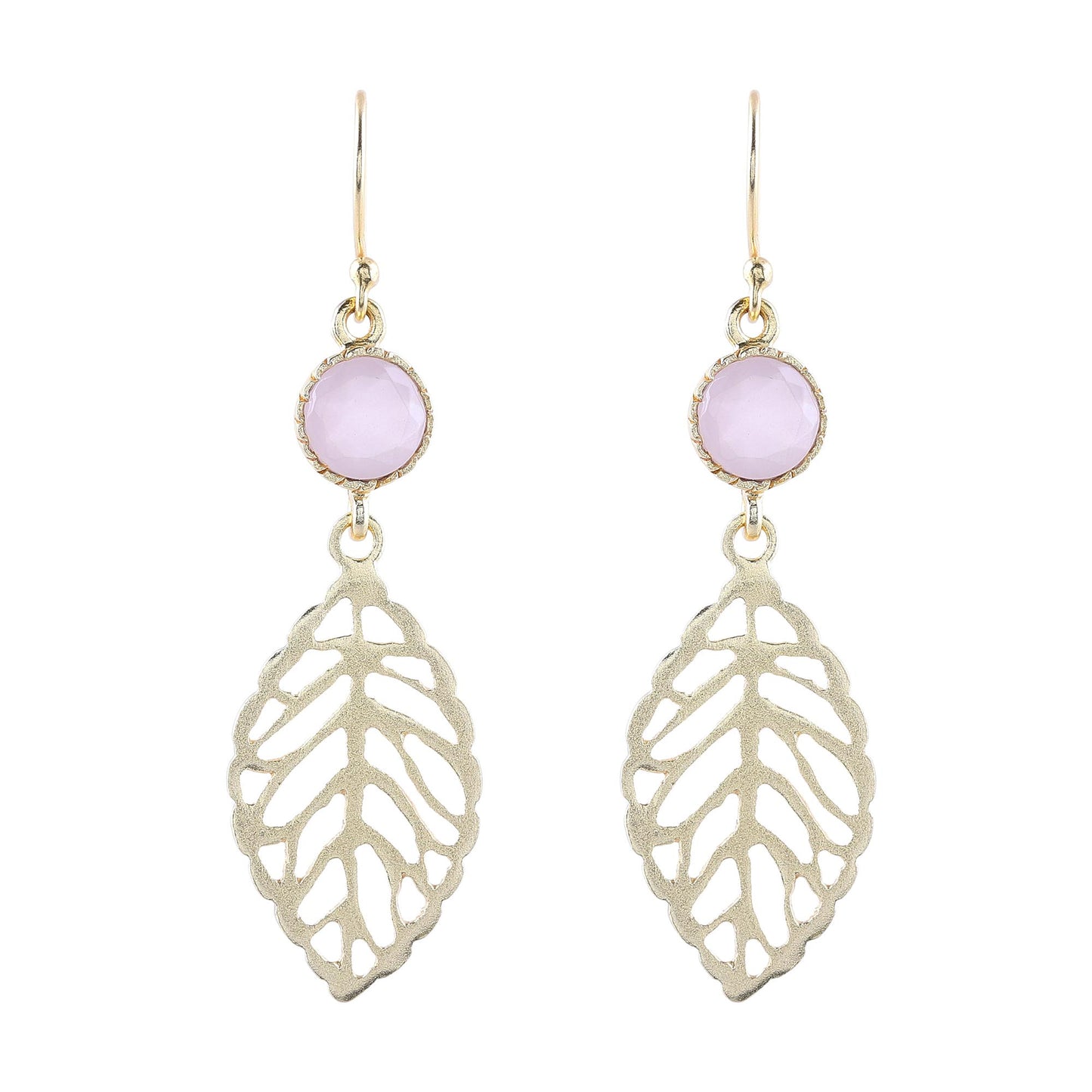 Jaipur Leaves Gold Plated Rose Quartz Leaf Earrings from India