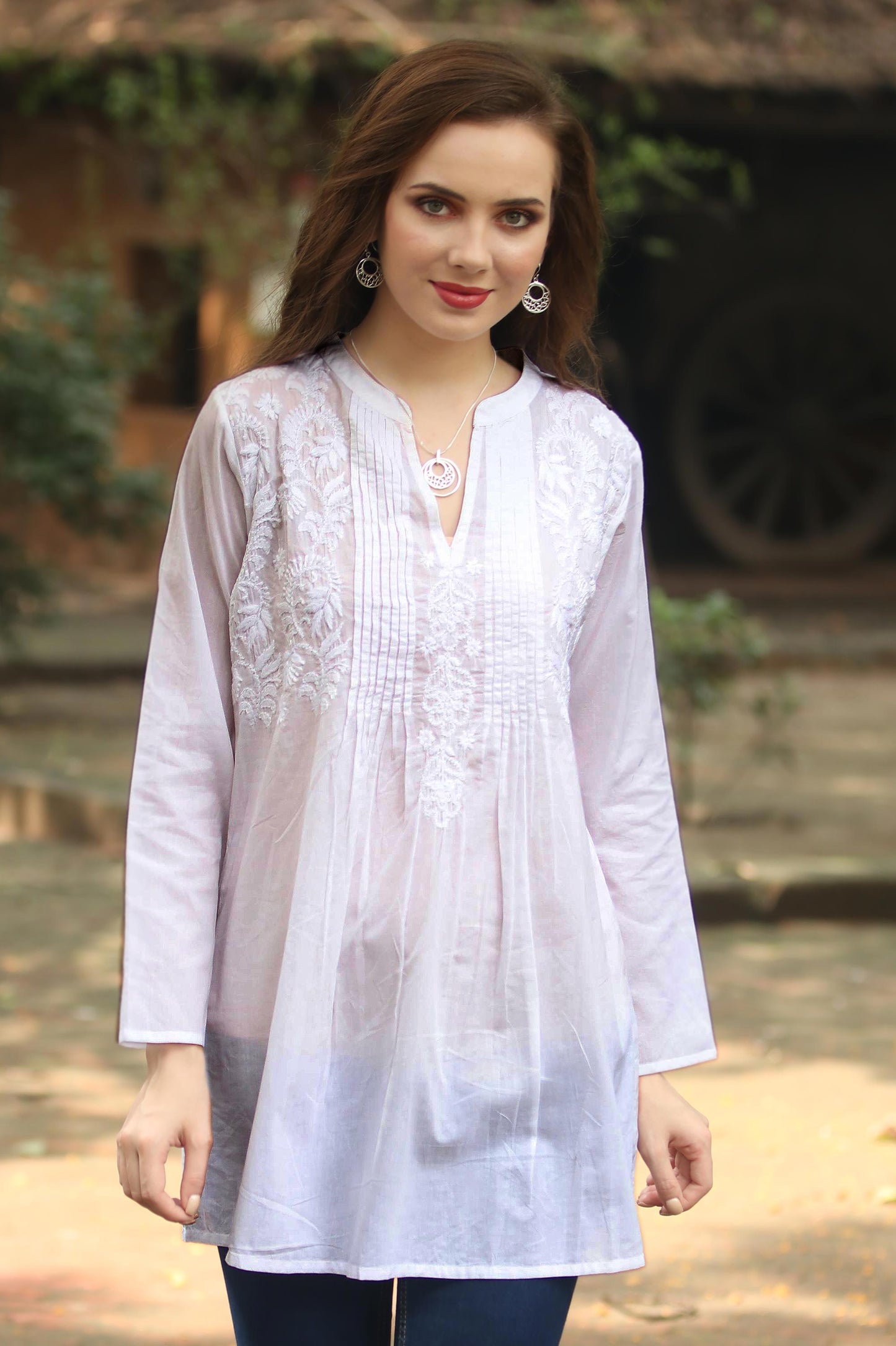 Ethereal Bloom Long Sleeve Floral White Blouse Hand Embroidered in India