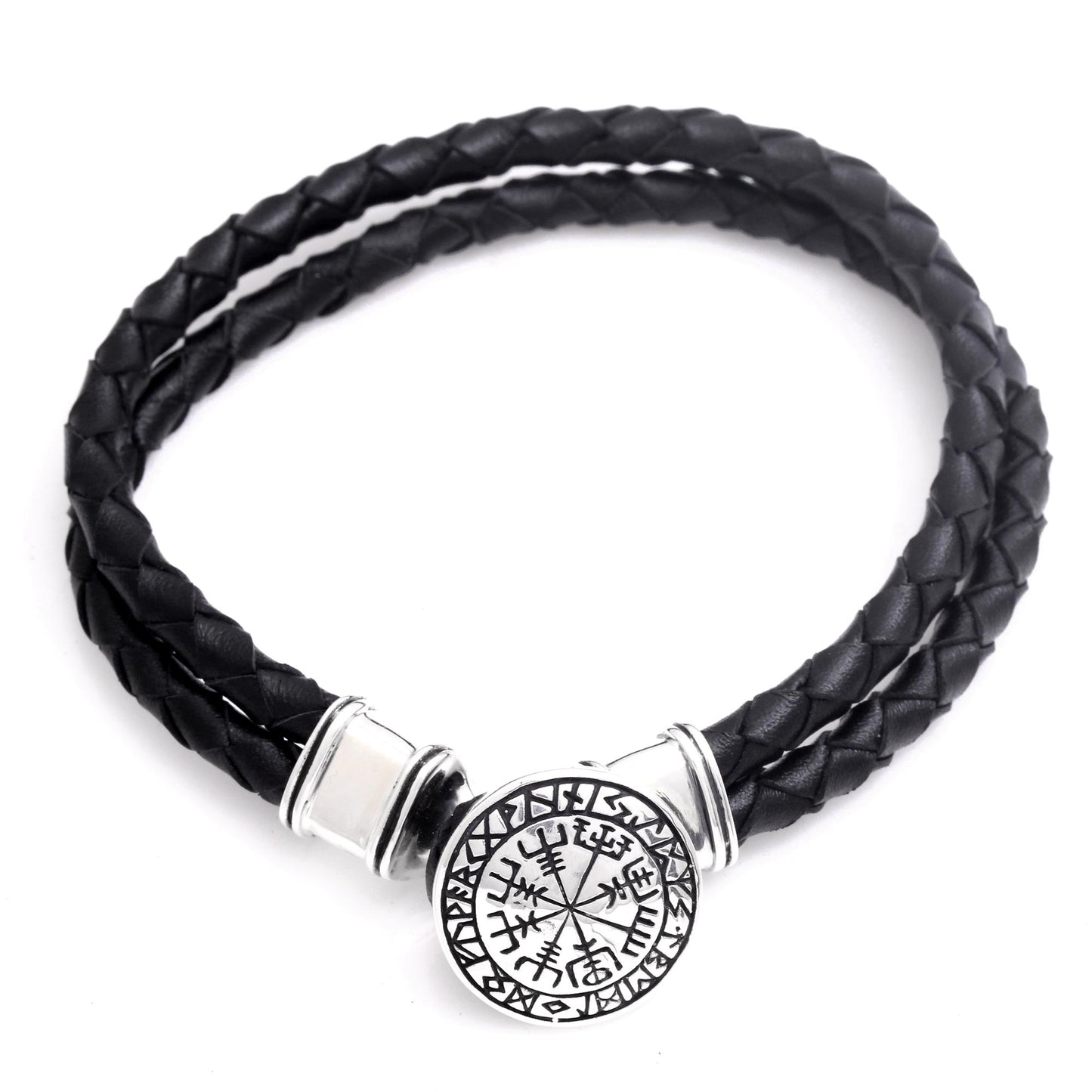 Runic Compass Men's Sterling Silver and Leather Bracelet from Bali