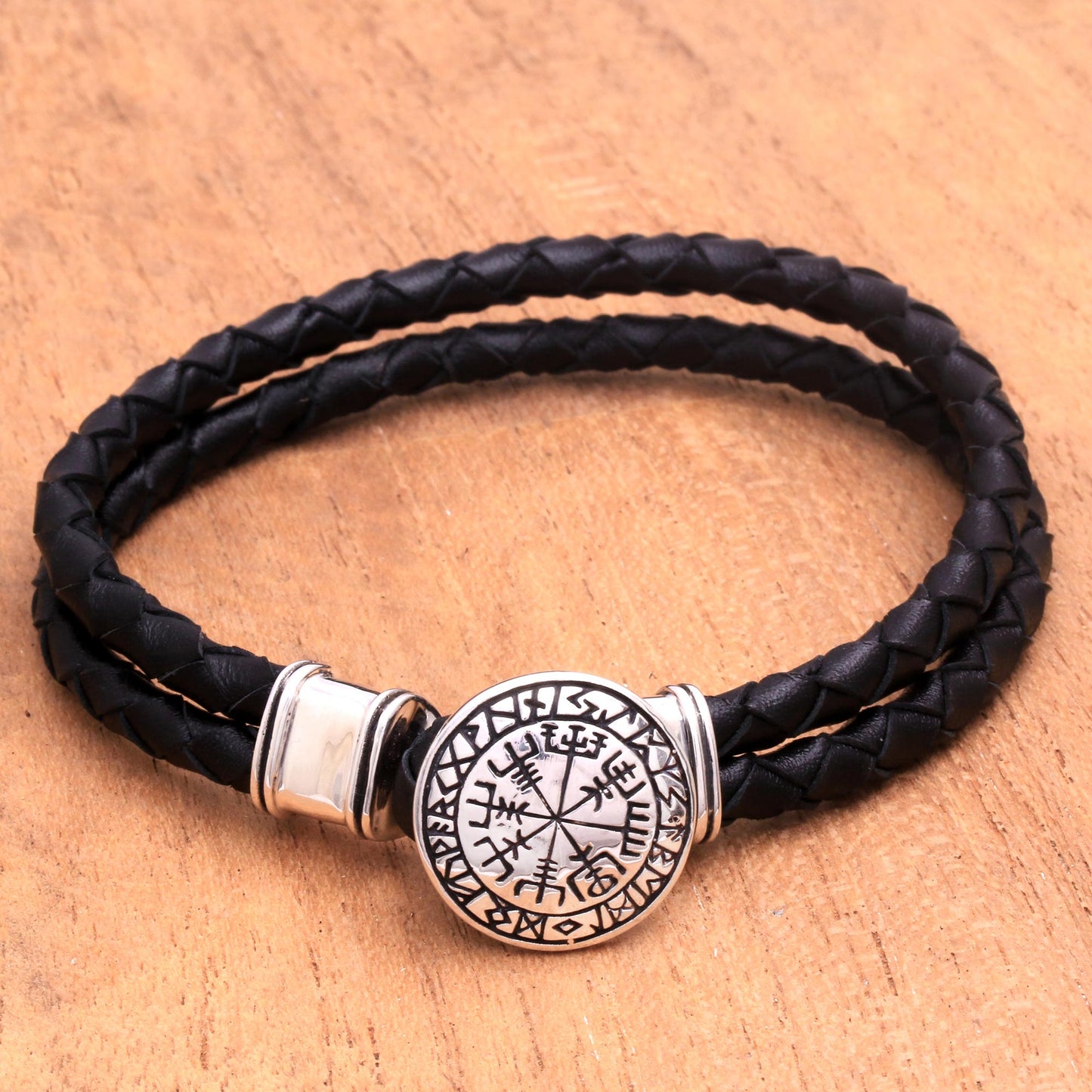 Runic Compass Men's Sterling Silver and Leather Bracelet from Bali