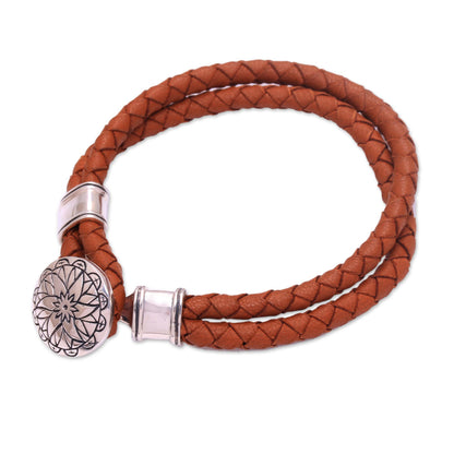 Lotus Leather Accent Sterling Silver Bracelet with Lotus Pendant