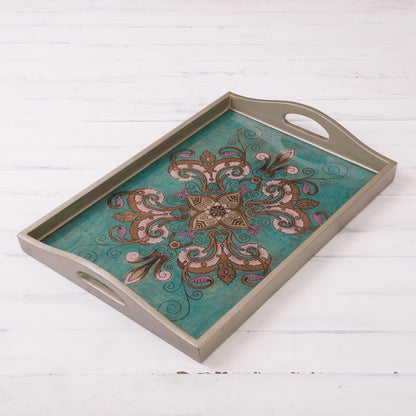 Enchanting Flowers in Teal Floral Reverse-Painted Glass Tray from Peru
