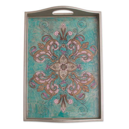Enchanting Flowers in Teal Floral Reverse-Painted Glass Tray from Peru