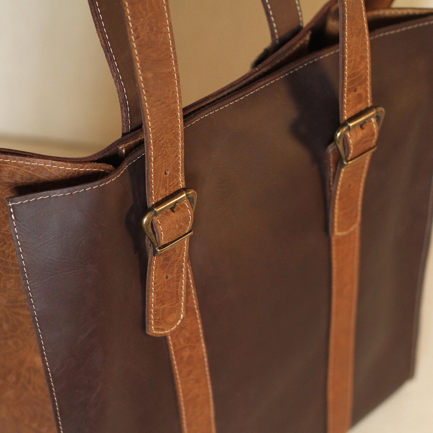 Contemporary Espresso Handmade Leather Tote in Chestnut and Espresso from Mexico