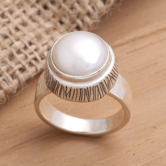 Glowing Button Cultured Pearl Cocktail Ring Crafted in Bali