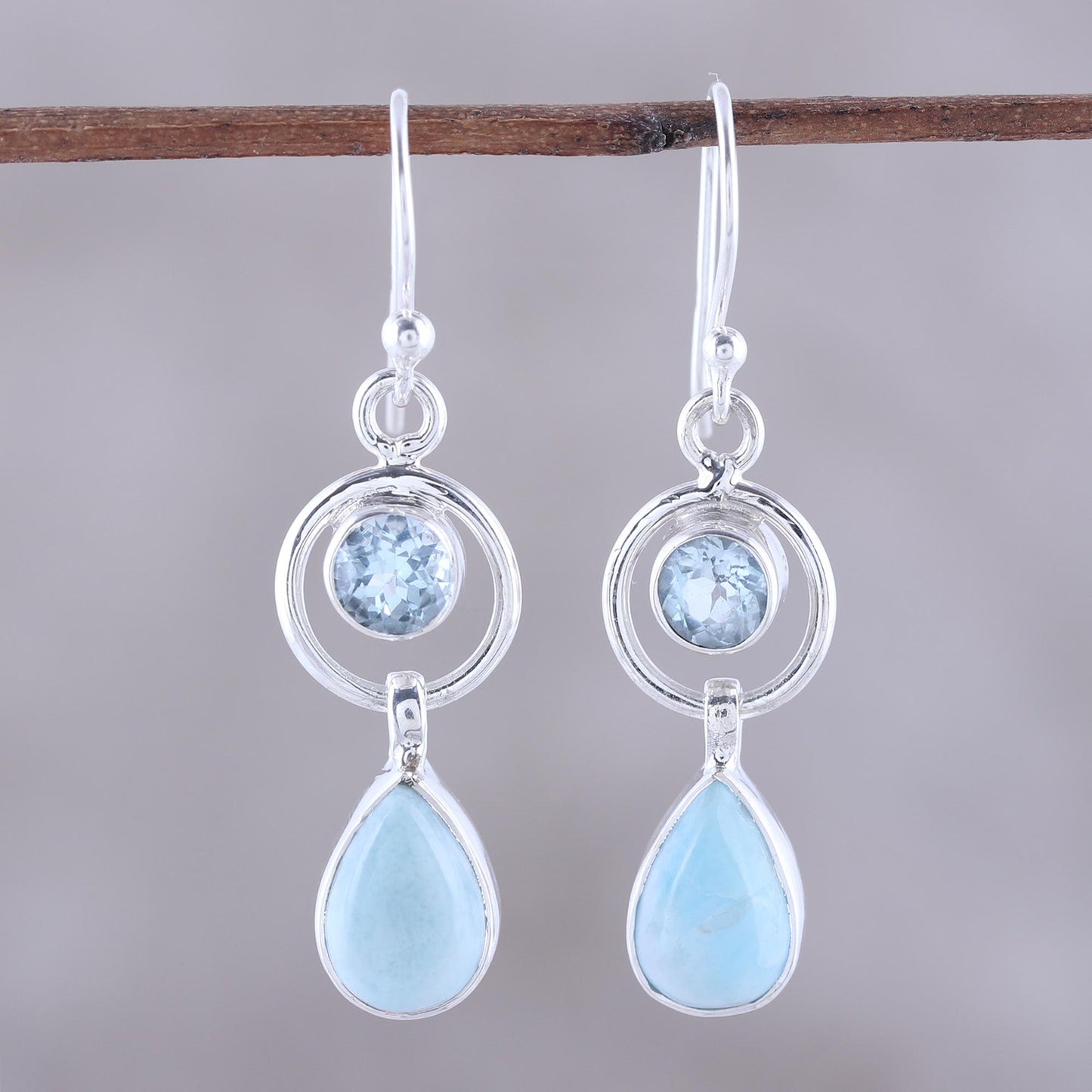 Gleaming Daylight Larimar and Blue Topaz Dangle Earrings from India