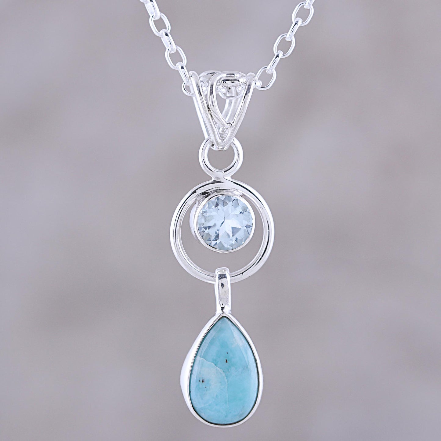 Gleaming Daylight Larimar and Blue Topaz Pendant Necklace from India