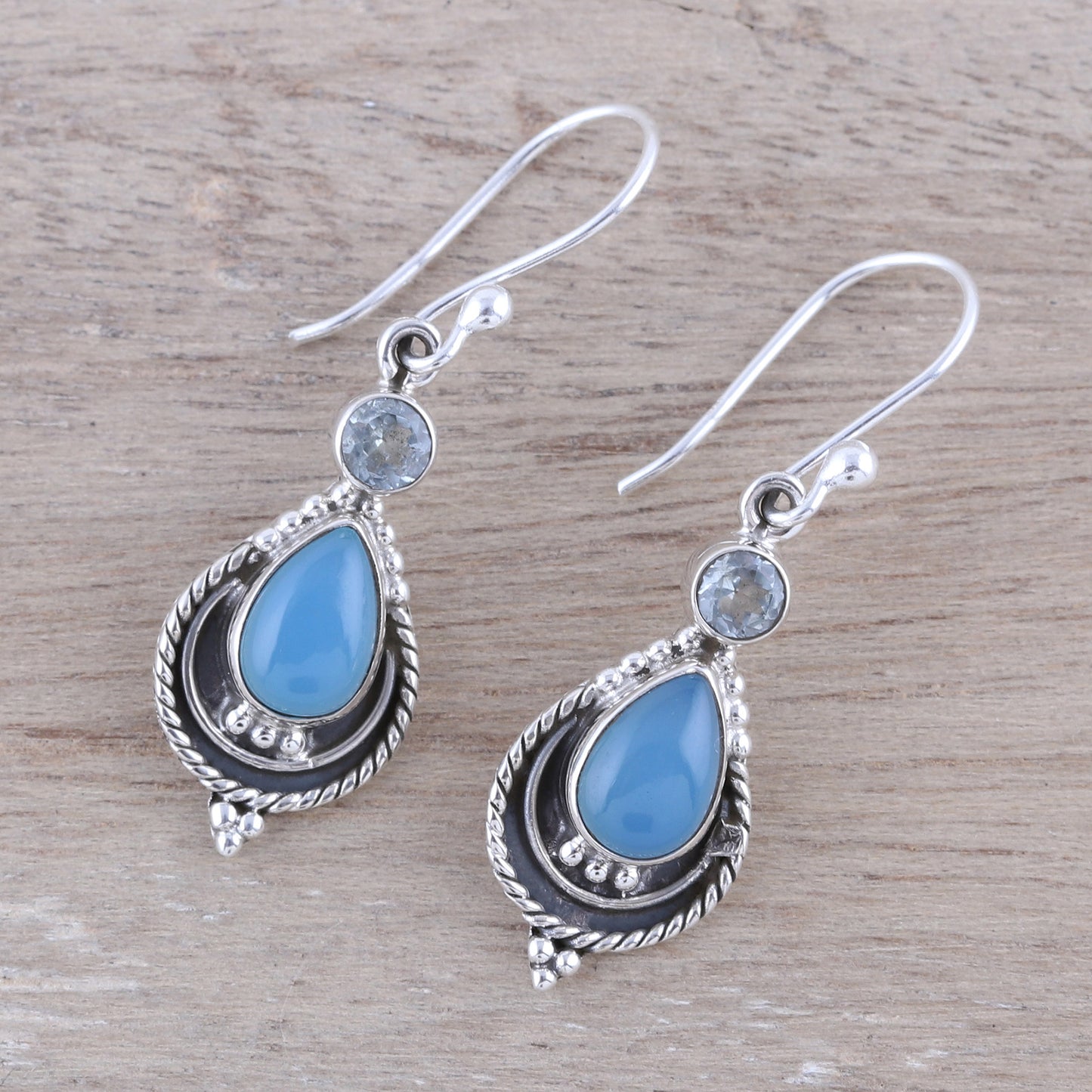 Sky Fascination Chalcedony and Blue Topaz Dangle Earrings from India