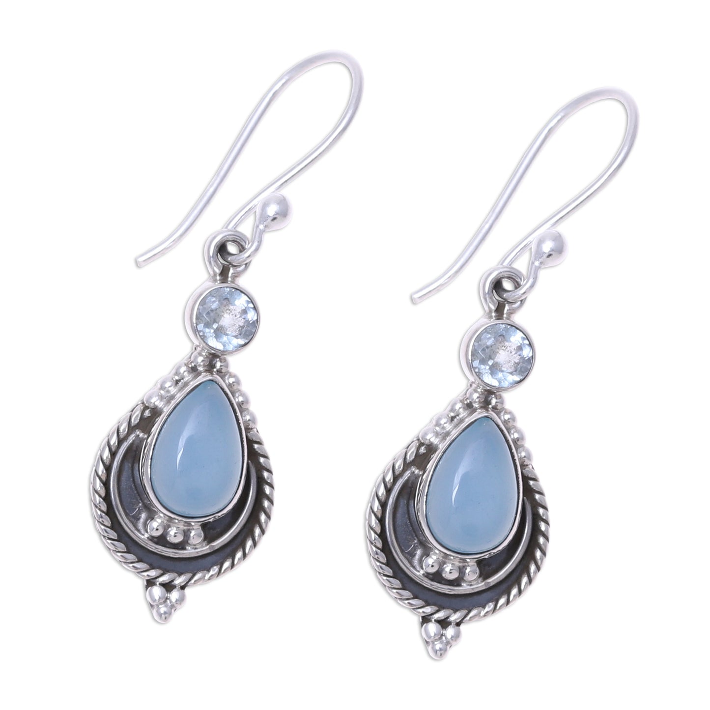 Sky Fascination Chalcedony and Blue Topaz Dangle Earrings from India