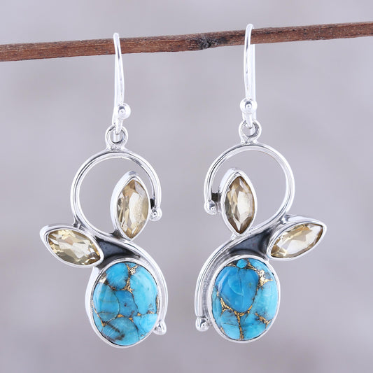 Dazzling Sparkle Citrine and Composite Turquoise Dangle Earrings from India