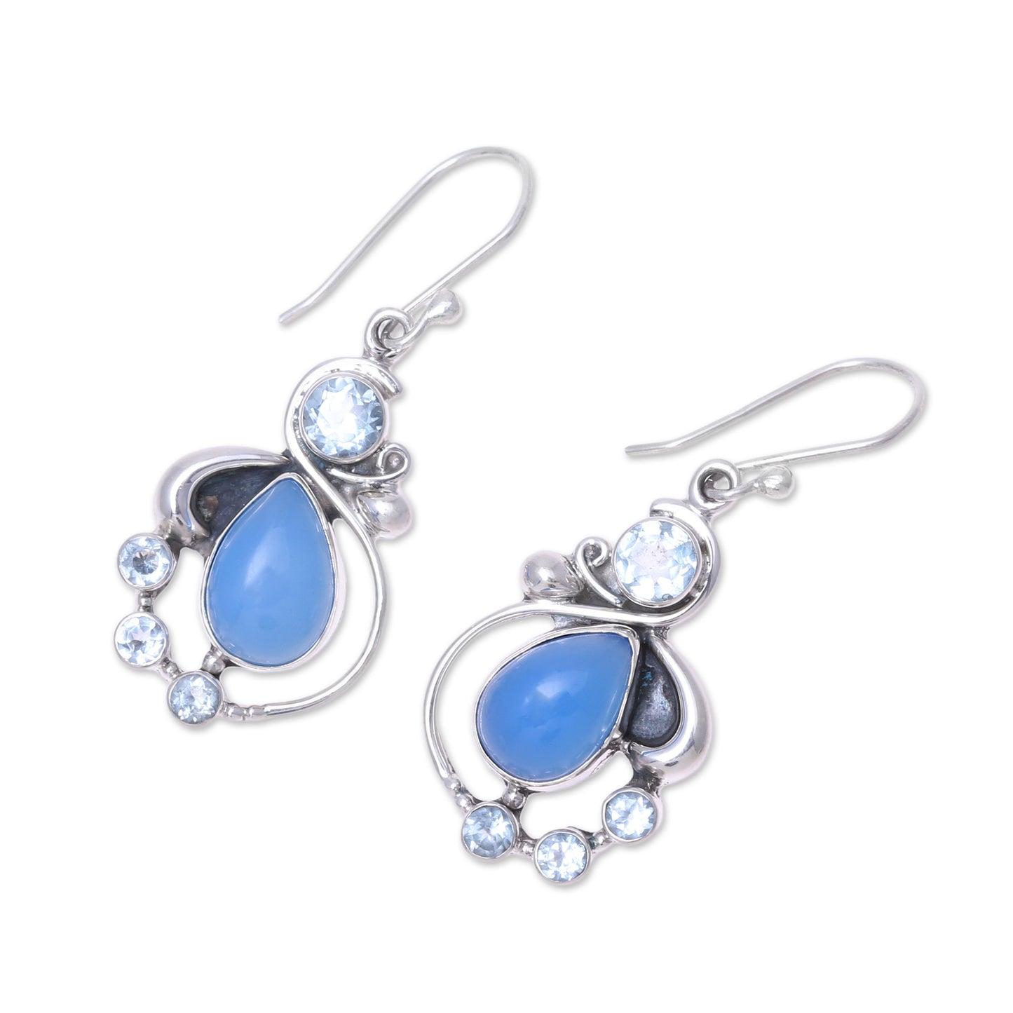 Elegant Dew Blue Topaz and Chalcedony Dangle Earrings from India