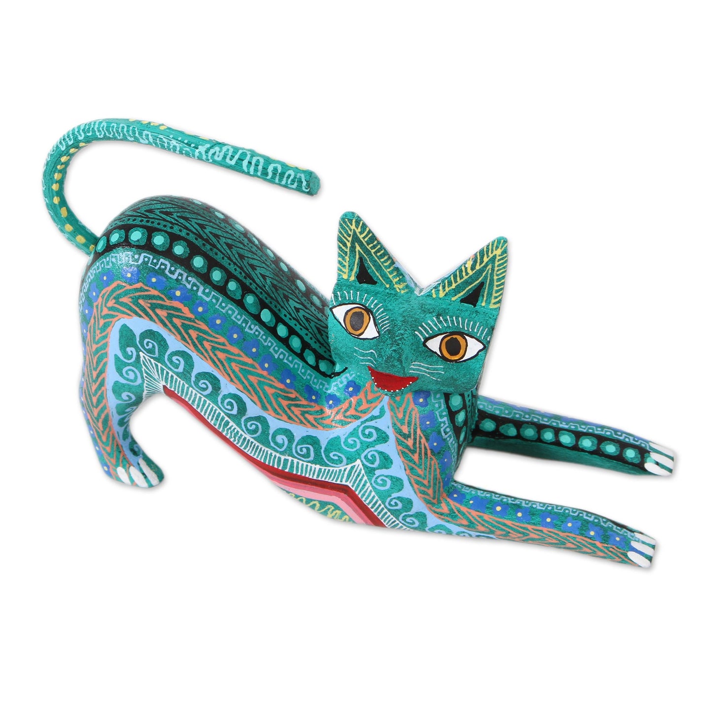 Cat Stretch Wood Alebrije Figurine Cat in Green from Mexico