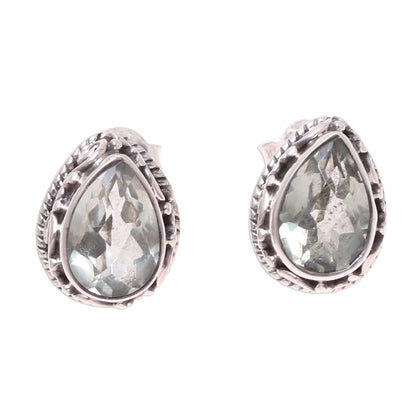 Verdant Mist 3-Carat Prasiolite Teardrop Stud Earrings from India