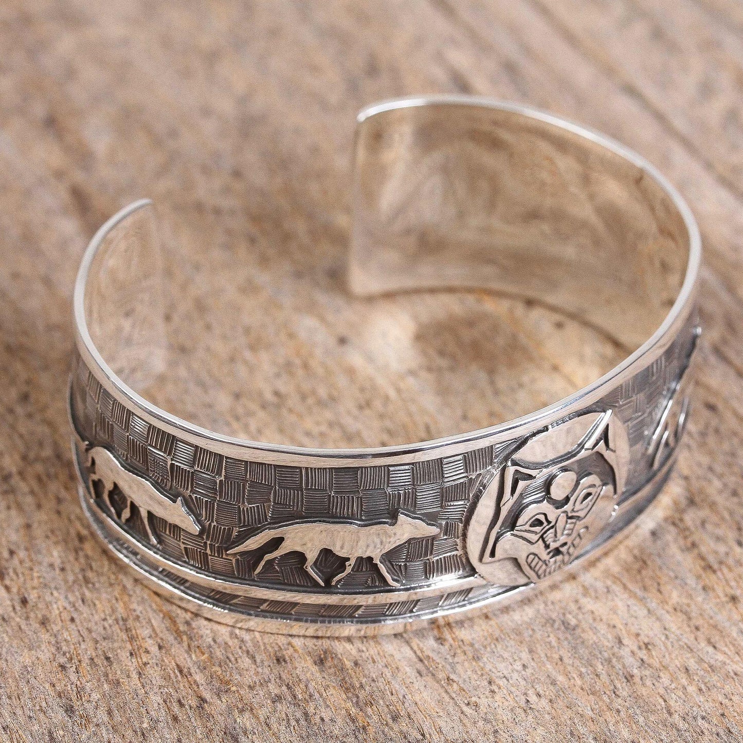 Lunar Wolves Taxco Sterling Silver Wolf Cuff Bracelet from Mexico