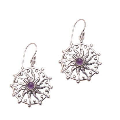 Regal Rays Sun Motif Amethyst Dangle Earrings from Bali