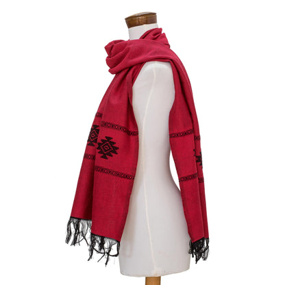 Fret Chic in Red Red Cotton Blend Scarf with Black Stepped-Fret Rhombus Motif