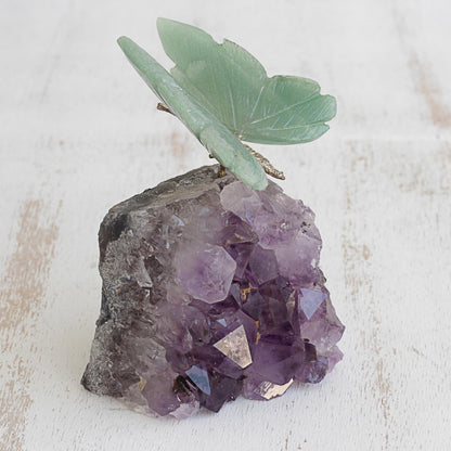 Verdant Wings Quartz and Amethyst Butterfly Gemstone Sculpture from Brazil