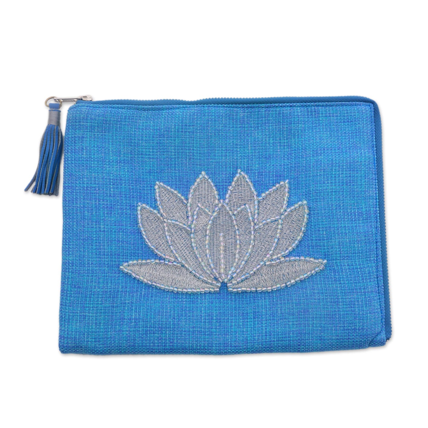 God's Grace in Sky Blue Floral Embellished Jute Coin Purse in Sky Blue from Java