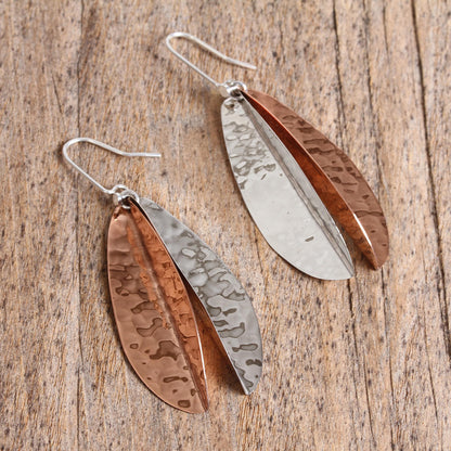 Rippling Leaves Leaf-Shaped Sterling Silver and Copper Dangle Earrings