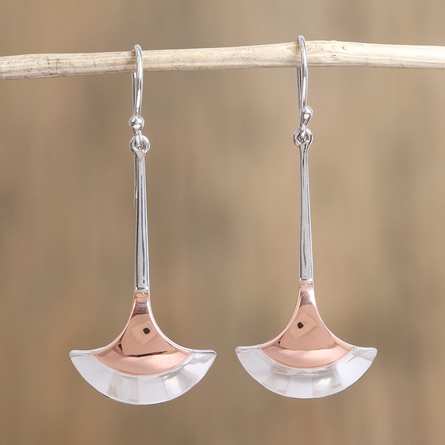 Elegant Crescents Fan-Shaped Sterling Silver and Copper Dangle Earrings