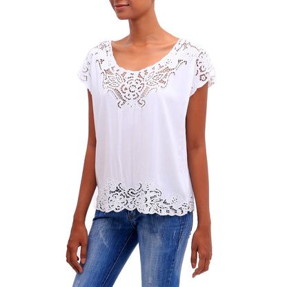 White Kusuma Floral Embroidered Rayon Blouse in White from Bali