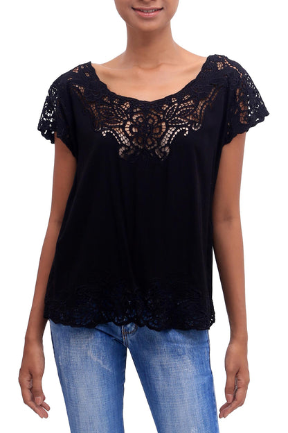 Onyx Kusuma Floral Embroidered Rayon Blouse in Onyx from Bali