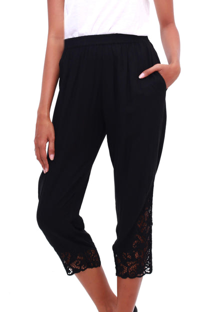 Onyx Padma Flower Floral Embroidered Rayon Pants in Onyx from Bali