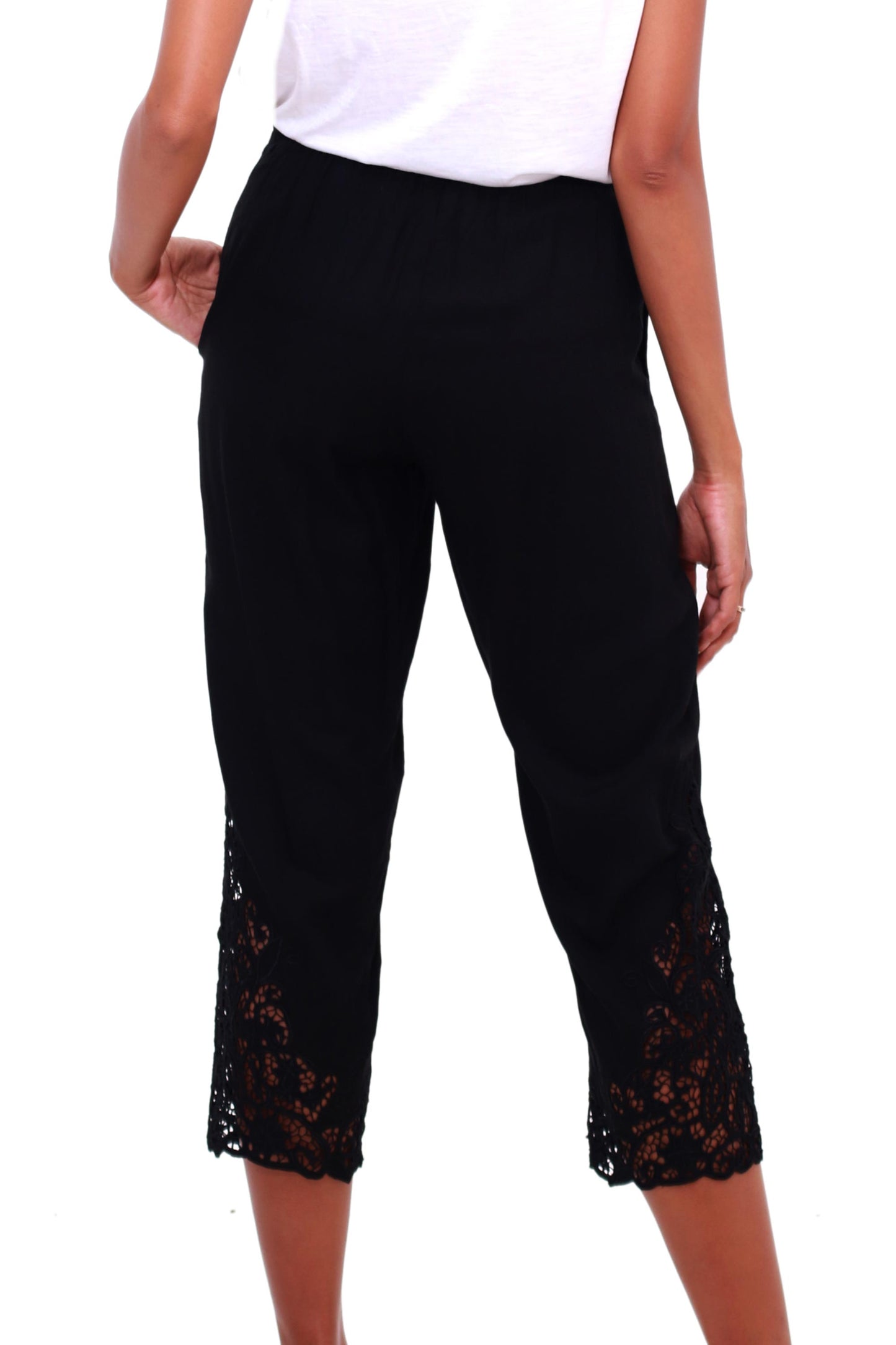Onyx Padma Flower Floral Embroidered Rayon Pants in Onyx from Bali