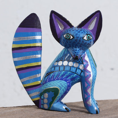 Cool Fox Handcrafted Wood Alebrije Fox Sculpture in Blue from Mexico