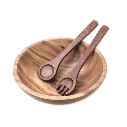 Share Handcrafted Wood Salad Bowl with Serving Spoon and Fork