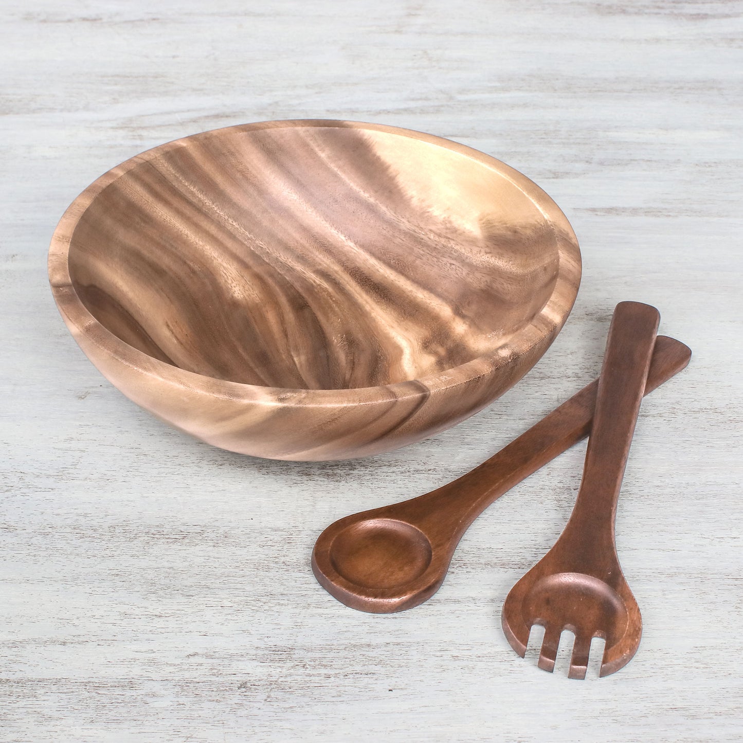 Share Handcrafted Wood Salad Bowl with Serving Spoon and Fork