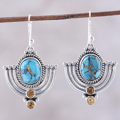 Blue Flame Citrine and Blue Composite Turquoise Dangle Earrings