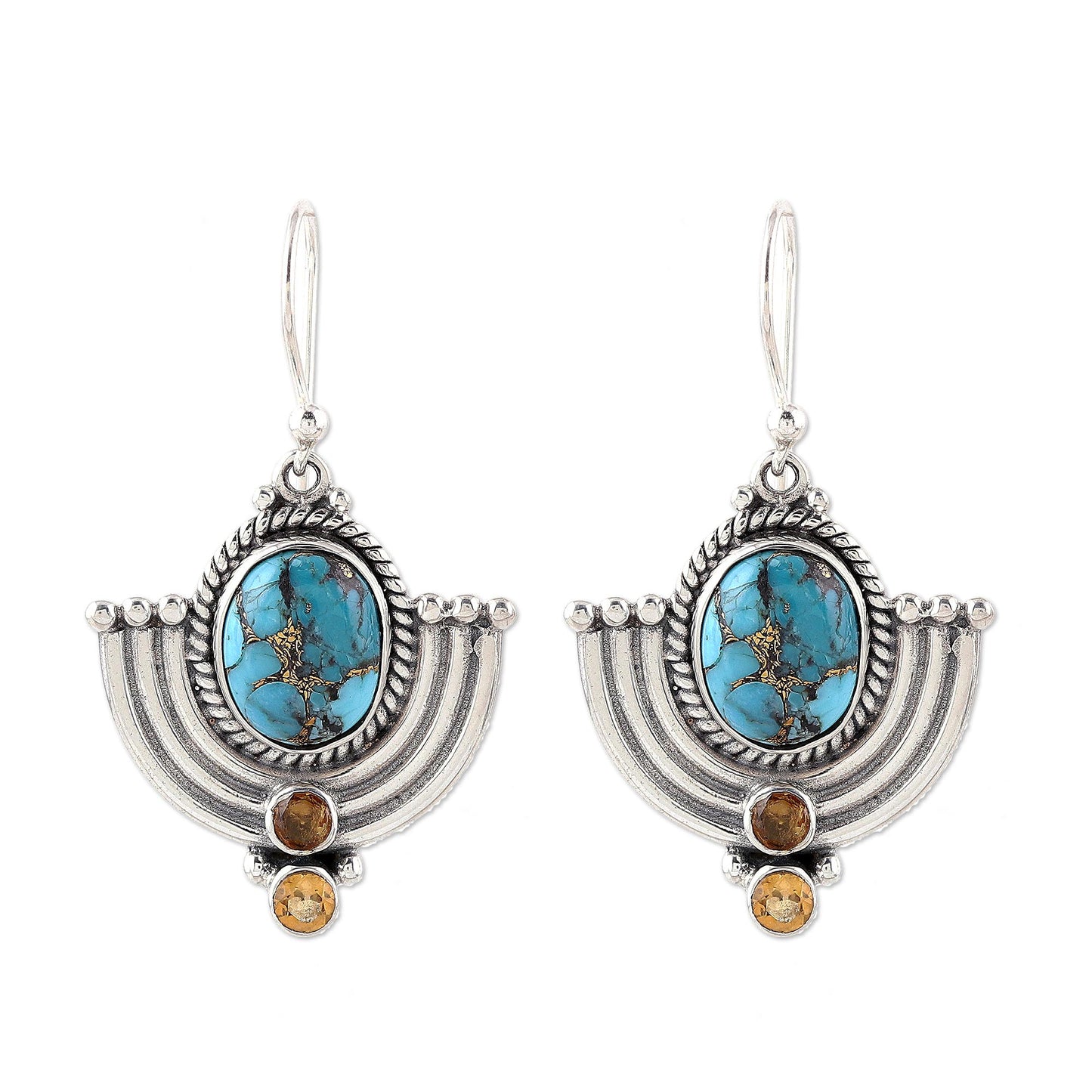 Blue Flame Citrine and Blue Composite Turquoise Dangle Earrings