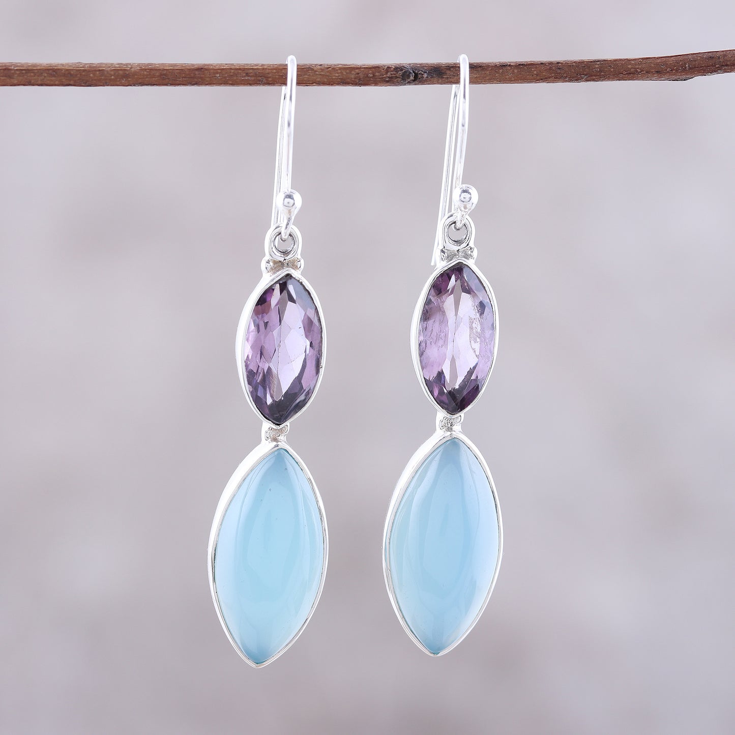 Luxurious Glow Sterling Silver Blue Chalcedony Amethyst Dangle Earrings