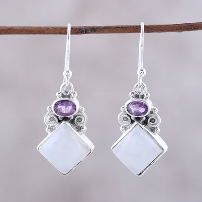 Cloud Fragments Sterling Silver Rainbow Moonstone Amethyst Dangle Earrings