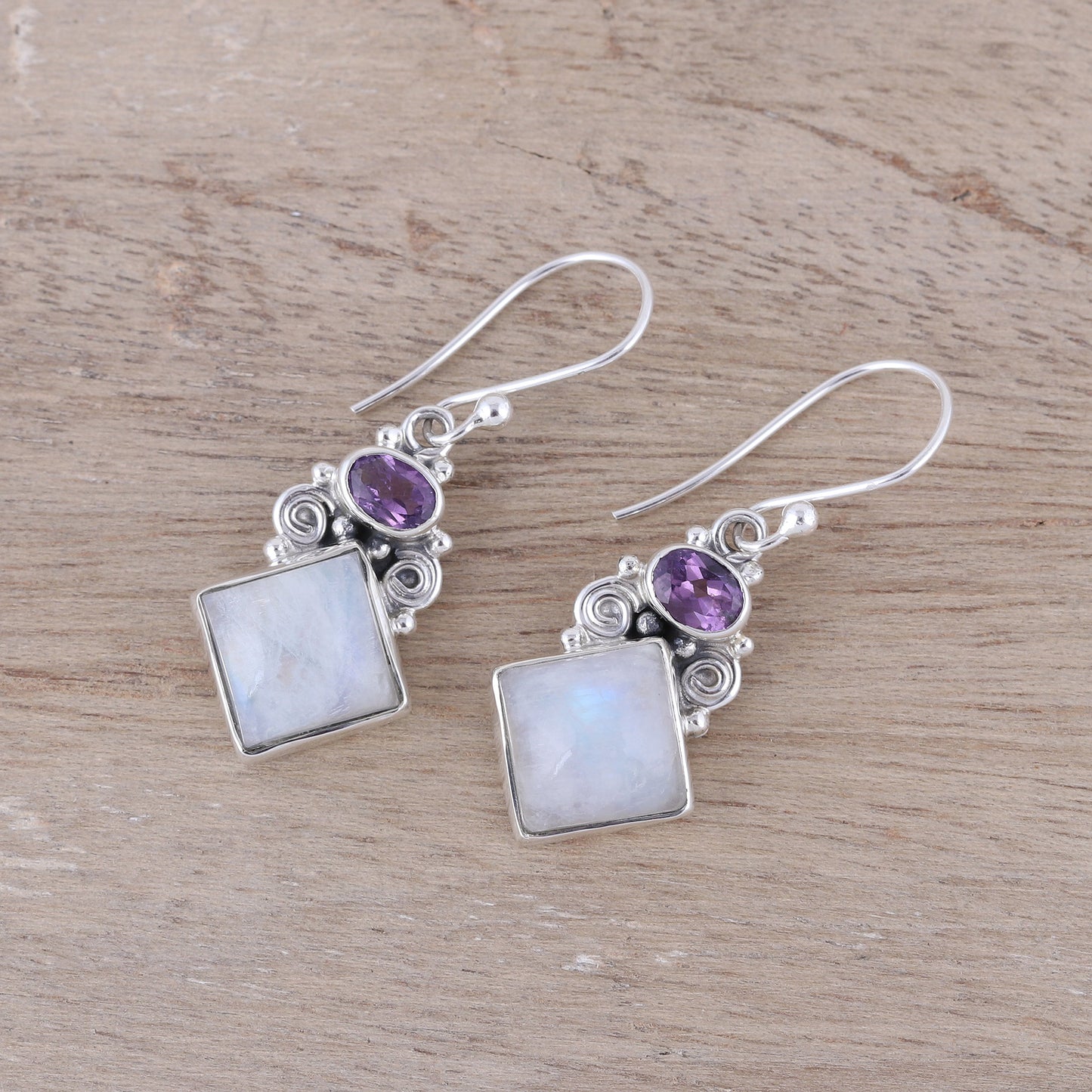 Cloud Fragments Sterling Silver Rainbow Moonstone Amethyst Dangle Earrings