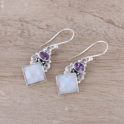 Cloud Fragments Sterling Silver Rainbow Moonstone Amethyst Dangle Earrings