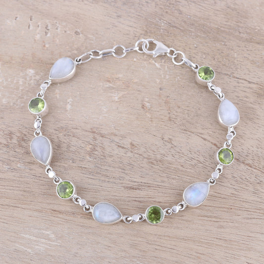 Misty Forest Sterling Silver Rainbow Moonstone and Peridot Link Bracelet