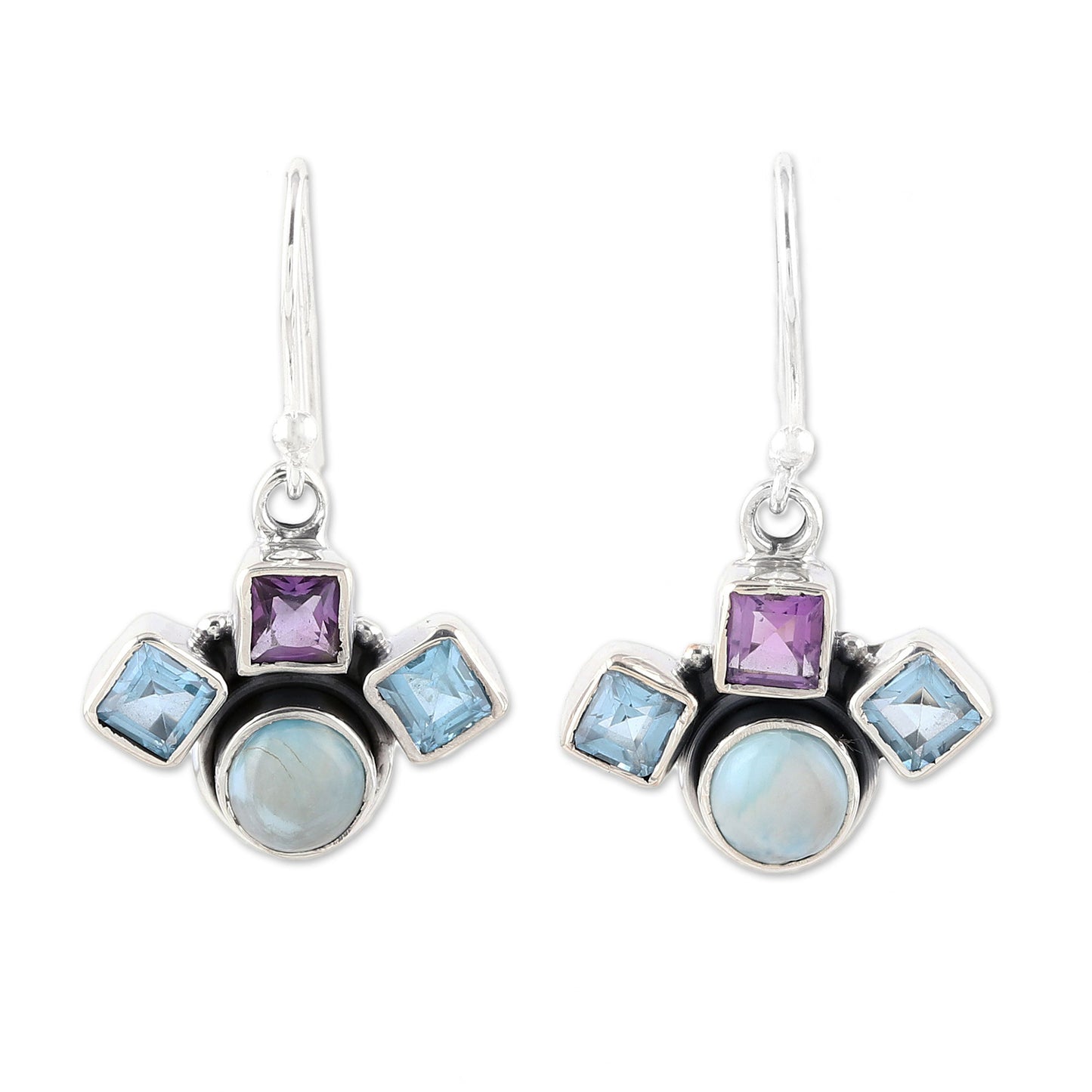 Delightful Glow Blue Topaz Amethyst and Larimar Silver Dangle Earrings